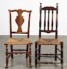 Two New England Queen Anne dining chairs, 18th c., with rush seats.