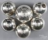 Six silver kugel ornaments, five - 4'' dia. and one - 4 1/2'' dia.