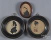 Three miniature watercolor on paper profile portraits, 19th c., two pair - 3'' dia., one - 2 3/4'' x 2