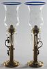 Pair of brass candleholders, late 19th c., with etched glass shades, 17 1/2'' h.