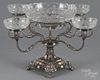 English silver-plated epergne, early 20th c., with cut glass bowls, 12 3/4'' h., 19 1/2'' w.