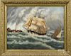 New England oil on board coastal scene, mid 19th c., with an American ship and lighthouse