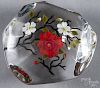 Victor Trabucco multi-faceted studio art glass paperweight decorated with red and white wild roses
