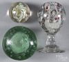 Three glass paperweights, to include a pedestal base example, 6'' h., 3'' dia.
