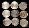 Nine silver Peace dollars, to include 1922, 1923, 1924, 1925, and 1934, average circulated.