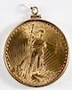 Saint-Gaudens gold twenty dollar coin, 1927, AU-UNC, inset in a bezel.
