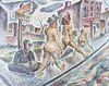 1943 Mixed Media of Nude Figures on the Street