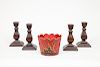 Set of Four Baroque Style Stained Wood Candlesticks and a Red-Ground Tôle Peinte Jardinière