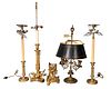Group of Five French Brass and Bronze Items, to include pair of candlesticks, large candle, gilt bronze candlestick on paw feet, bouillotte candle hol