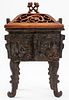 Large Chinese Bronze Censer Fang Ding & Wood Lid