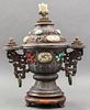 Mongolian Lidded Silver Censer with Jade and Stone Inlay