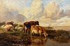 CATTLE & SHEEP RESTING BY WATER OIL PAINTING