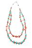 Navajo Silver Turquoise Red Branch Coral Necklace