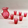 Cranberry Glass Pitcher and Six Cups