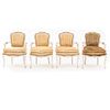 Lote de 4 sillones. Francia. Siglo XX. En talla de madera. Con respaldos cerrados y asientos acojinados en tapicería dorada.