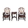 CHINESE MOTHR-OF-PEARL INLAID AND MARBLE HONGMU CHAIRS AND TABLE 