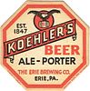 1936 Koehler's Beer-Ale-Porter Octagon 4Â¼ inch coaster PA-ERIE-1 Erie, Pennsylvania