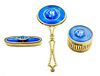 * A French Gilt Metal Mounted Guilloche Enamel Dresser Set Length of first 13 3/4 inches.