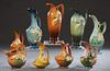 Group of Nine Pieces of Roseville Pottery, consisting of 12-15, water lily ewer; 24-15 Zephyr Lily Ewer; 21-15 Freesia Ewer, Green; 21-15 Freesia Ewer