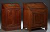 Two French Provincial Slant Front Desks, one of walnut, the slant lid opening to an interior with four fitted drawers and a sliding top stationery sto