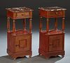 Pair of French Carved Cherry Marble Top Nightstands, c. 1870, the highly figured brown marble over a frieze drawer, on turned tapered supports to a lo