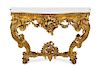 A Pair of Louis XV Style Giltwood Console Tables Height 34 x width 50 x depth 20 inches.