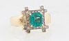Lady's 14K Yellow Gold Dinner Ring, with a 1.39 ct. emerald within a square border of round diamonds, on a tapered wide band, total diamond wt.- .2 ct