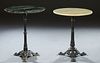 Pair of French Cast Iron Marble Top Bistro Tables, the circular top on a reeded knopped support to tripodal paw feet, one with a verde antico marble, 