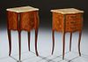 Near Pair of French Louis XV Style Floral Marquetry Inlaid Carved Cherry Ormolu Mounted Marble Top Nightstands, 20th c., both with figured bowed ocher