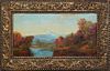 American School, "Mountainscape," 19th c., oil on canvas, unsigned, presented in a gilt frame, H.- 9 1/8 in., W.- 18 1/8 in., Framed H.- 14 7/8 in., W