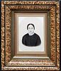 American School, "Portrait of Woman in Mourning," 19th c., gouache on paper, unsigned, presented in a polychromed frame, H.- 6 1/16 in., W.- 4 3/8 in.