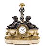 A French Gilt and Patinated Bronze and Marble Figural Mantel Clock Height 23 x width 20 1/2 inches.