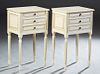 Pair of French Louis XVI Style Polychromed Beech Nightstands, 20th c., the stepped rectangular top over a bank of three drawers, flanked by reeded pil