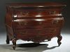 French Louis XV Style Carved Mahogany Bowfront Commode, the stepped bowed top over three bowed drawers, flanked by bower sides, on large scrolled cabr