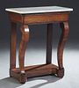 French Carved Mahogany Marble Top Console Table, late 19th c., the figured rounded corner rectangular white marble over a cavetto frieze drawer, on sc