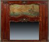 French Carved Cherry Trumeau Mirror, 19th c., the stepped crown over an oil on board of harbor scene with fisherman, above a large carved shell over a