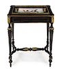A Napoleon III Ebonized, Gilt Metal Mounted and Porcelain Inset Jardiniere Table Height 29 x width 24 x depth 14 1/2 inches.