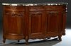 French Louis XV Style Carved Cherry Marble Top Sideboard, 20th c., the thick ogee edge bowed highly figured rounded corner black and white marble over