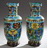 Pair of Large Oriental Baluster Cloisonne Vases, 20th c., the everted rim atop a sloping neck, to rounded shoulders over dragon head and bird decorate