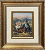 Continental School, "Two Young Men Enjoying a Picnic," 19th c., oil on porcelain, signed indistinctly lower right, presented in a gilt frame, H.- 7 1/