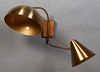 Unusual Mid-Century Modern Brass Plated Iron Lamp, 20th c., one with a globular metal shade, one with a metal bullet shade, H.- 16 in., W.- 31 in., D.