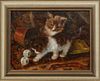 J. W. van Trirum (Dutch), "Kittens Playing with Dice," 20th c., oil on canvas, signed lower right, presented in a gilt frame, H.- 11 1/4 in., W.- 15 1