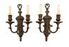 A Pair of Neoclassical Style Brass Two-Light Sconces Height 16 inches.