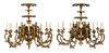 A Pair of Gothic Revival Giltwood Twelve-Light Chandeliers Height 33 x diameter 36 inches.