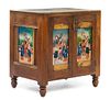 A Chinese Export Reverse Painted Glass Panel Inset Chest Height 29 x width 28 x depth 19 inches.