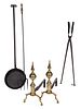 Pair of Federal Brass Andirons with Three Fire Tools