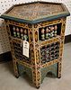 HEXAGONAL PAINTED TAMBOR TABLE WITH SPINDLES.