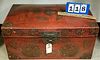 CHINESE RED LAQUER TRUNK. 13"H X 28 1/2W X 18"D