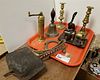 TRAY 18TH C CANDLESTICKS, METAL BELL W/ BEADED LEATHER STRAP, OLD SCHOOL BELL, TELEGRAPH SOUNDER ETC.