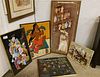 LOT 5 FRAMED ITEMS-PLASTER PLAQUE 4" X 24", BATIK 33" X 26 1/2", CHINESE EMBROIDERY 31"H X 19 1/2" W, EMBROIDERY & PTG. 16" X 22" NEEDLEWORK 23" X 24 